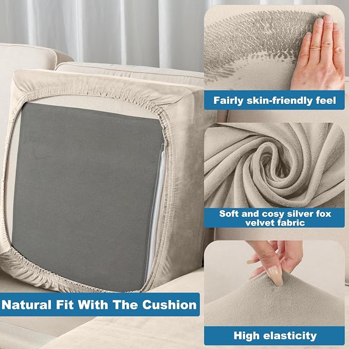 Couch Cover 6-Piece Elastic Velvet Couch Cushion Covers & Chaise Slipcovers - Image 4