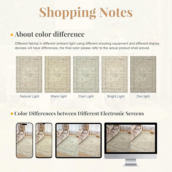 LIVEBOX Washable Area Rug 10x14 Rugs for Living Room Bedroom, Non-Slip Boho Neutral Carpet for Dining Room Office, Low-Pile Farmhouse Soft Carpets for Kids Nursery Room Playroom, Tan