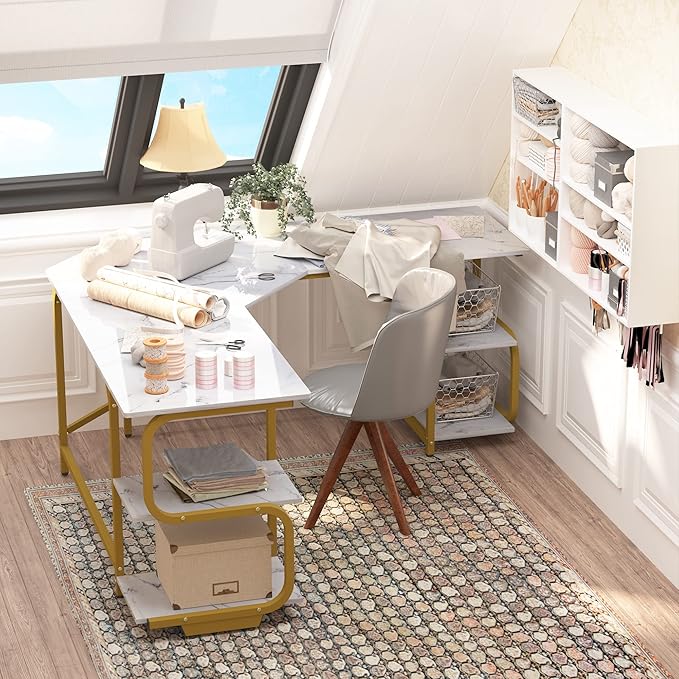 Teraves Modern L Shaped Desk with Shelves,64.84" Computer Desk/Gaming Desk for Home Office,Corner Desk with Large Desktop (White Marbling+ Gold Frame, Large+4 Tier Shelves)