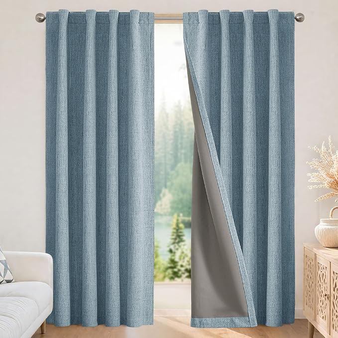 Joydeco 100% Blackout Curtains for Bedroom - Natural Linen Curtains 108" L Long, Thermal Insulated 2 Panels Sky Blue Light Blocking Drapes, Rod Pocket & Back Tabs, Darkening Privacy for Living Room