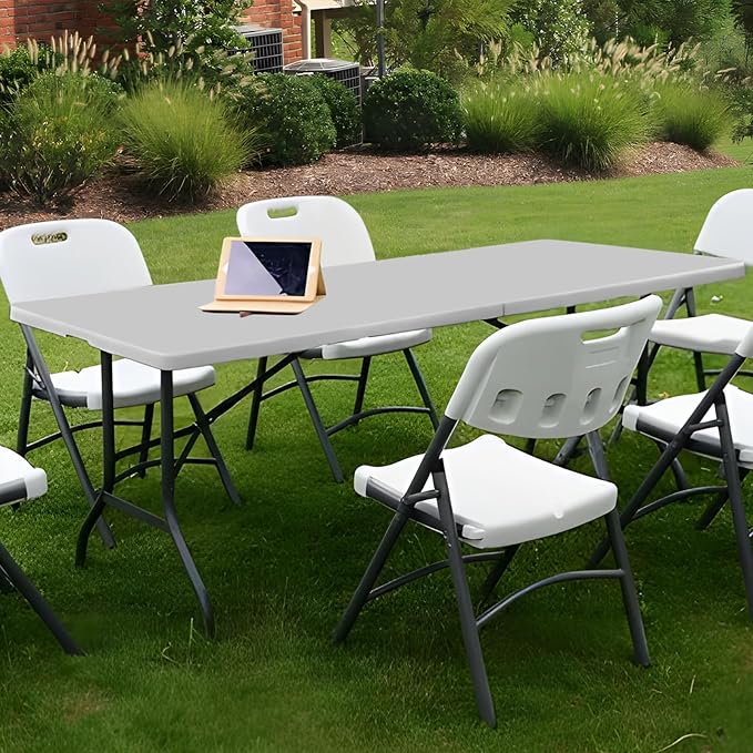 Athena Collection 6 ft Square Folding Dining Table, Large Plastic Foldable Table Portable with Carry Handle, Heavy Duty Fold-in-Half Utility for Indoor Outdoor Party Camping Picnic, Grey