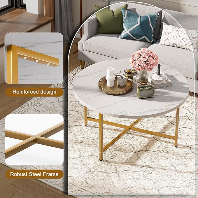 Round Coffee Table, 31.5" Circle Coffee Table, Coffee Tables Living Room, Gold Coffee Table Round for Indoor & Outdoor Use, Office, Patio or Garden, Large White & Gold (31.5" D x 17.7" H)