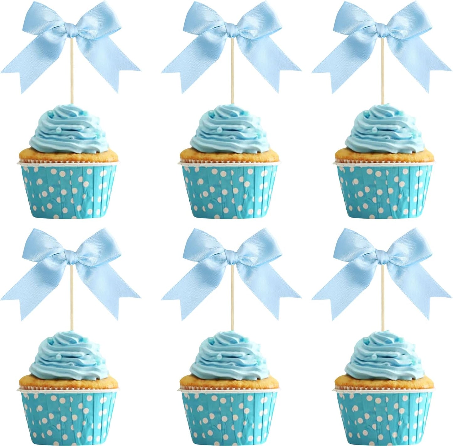 Gyufise 24Pcs Bow Cupcake Toppers Coquette Bow Girls Birthday Cake Decorations Bowknot Cake Toppers Bowknot Cupcake Picks for Baby Shower Birthday Wedding Bridal Engagement Party Supplies Lake Blue