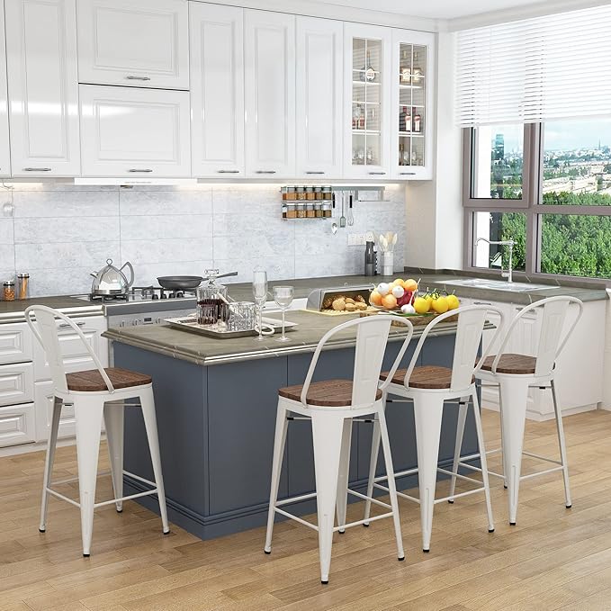 Yongqiang 30 inch Bar Stools Set of 4 Farmhouse Bar Height Stools High Back Kitchen Bar Chairs Cream White Metal Barstools with Large Wooden Seat