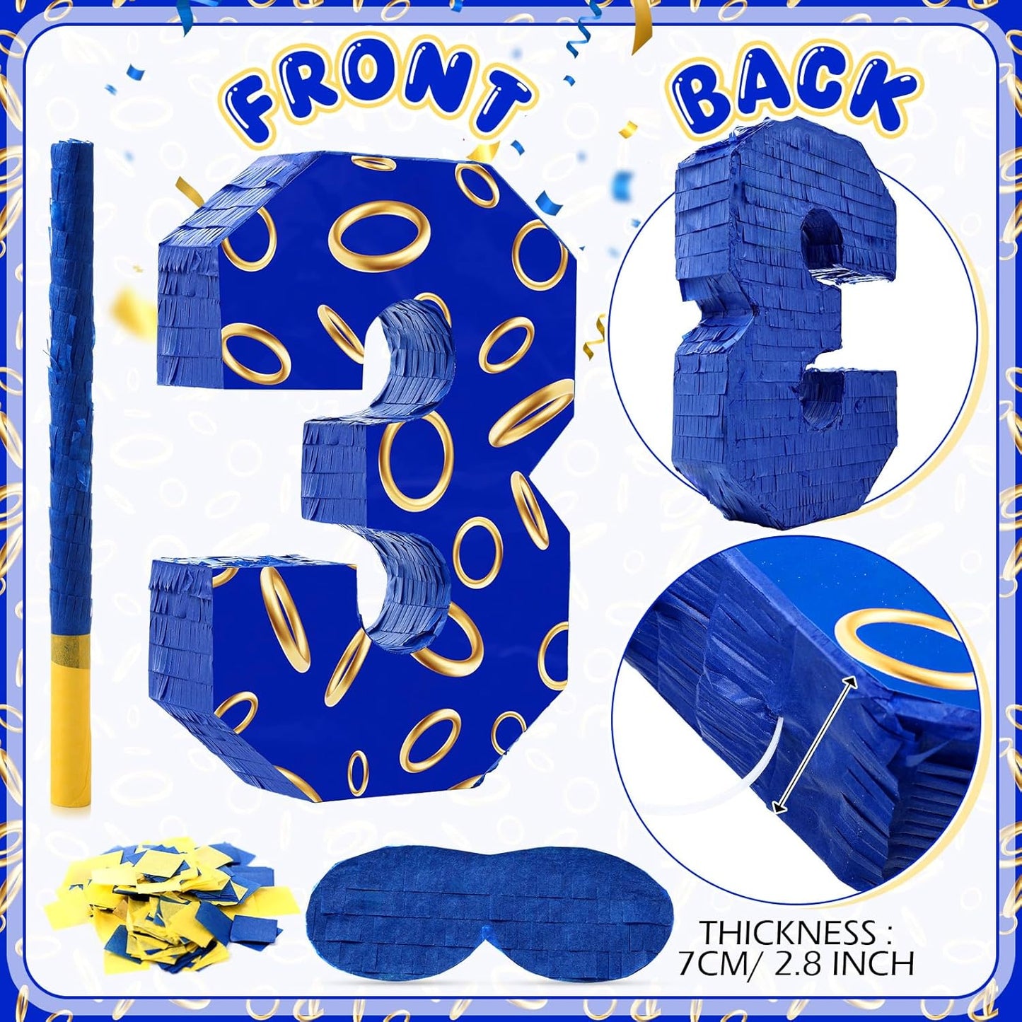 Number 3 Blue and Golden Rings Piñata for Kids Birthday Cartoon Theme Small Piñata with Blindfold Stick Confetti for Fiesta Cinco De Mayo Party Decor, 15.8 x 11 x 2.8 Inch
