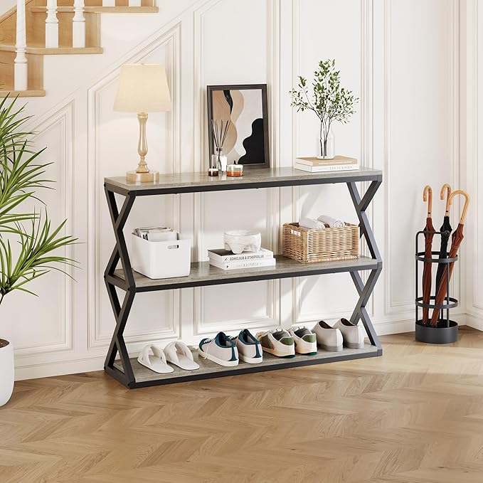Industrial 3-Tier Console Table, Rustic Long Entryway Sofa Table with Storage Shelves, Light Gray TV Stand for Living Room & Hallway, Modern Farmhouse Decor (47.2 inch)