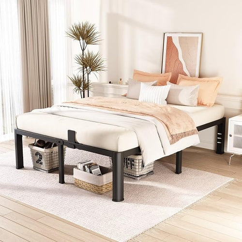 16 Inch California King Bed Frame with Rounded Corner and Headboard Hole Mattress Retainers 3500 LBS Metal Heavy Duty Steel Slats Support No Box Spring Needed Platform Noise Free Easy Assembly