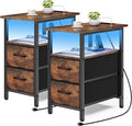 Vagusicc Set of 2 Nightstand with Charging Station and LED Lights, Narrow Side Table, LED Night Stand with 2 Fabric Drawers, Bedside Table Small End Table, Tall Nightstand for Bedroom, Rustic Brown