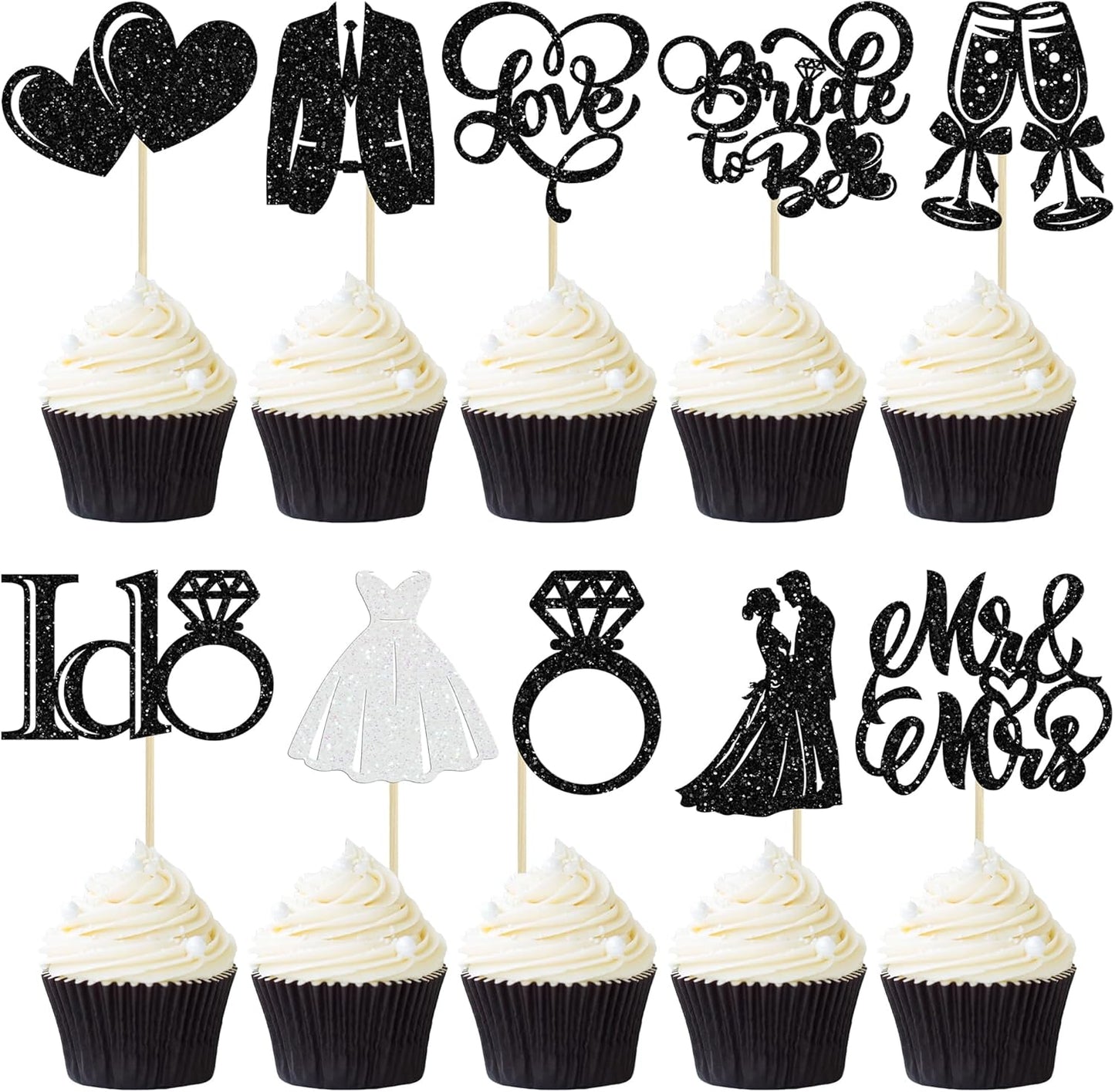 Gyufise 30Pcs Bride to Be Cupcake Toppers Glitter Diamond Ring I Do Love Cupcake Picks Miss to Mrs Bridal Shower Wedding Engagement Bachelorette Cake Decoration Black