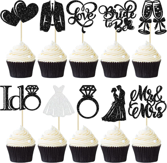 Gyufise 30Pcs Bride to Be Cupcake Toppers Glitter Diamond Ring I Do Love Cupcake Picks Miss to Mrs Bridal Shower Wedding Engagement Bachelorette Cake Decoration Black