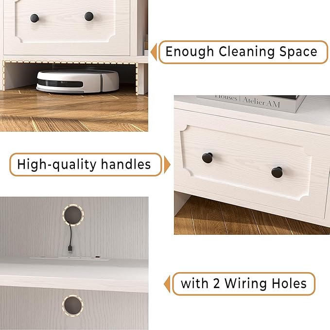IRONCK TV Stand for 65 Inch TV, 55" LED Entertainment Center with Storage Cabinets, Power Outlets and Open Shelf, Media Console TV Cabinet with Drawers for Living Room, White