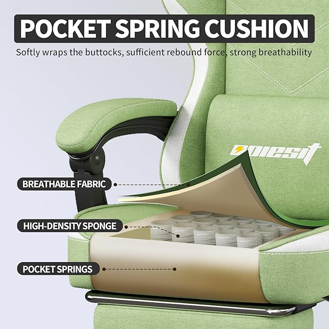 Gaming Chair,Fabric Computer Chair with Pocket Spring Cushion,400 lb Load Capacity,Ergonomic Office Chair with Footrest,Height Adjustable Video Gamer Chair with Lumbar Support (Green)