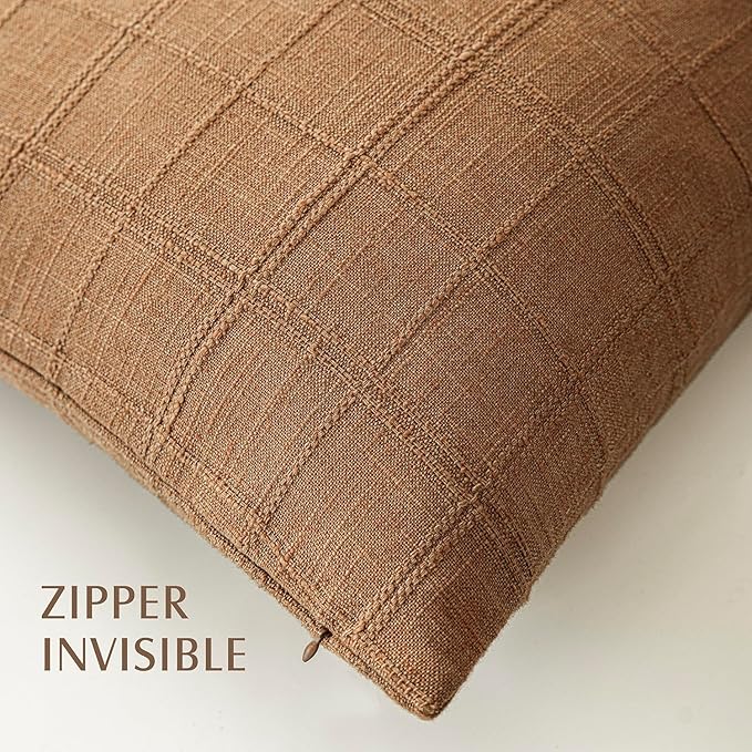 Foindtower Set of 2 Decorative Linen Check Throw Pillow Covers Neutral Farmhouse Vintage Cushion Covers Modern Boho Home Decor for Sofa Chair Couch Bedroom Living Room Outdoor,18×18 Inch,Brick