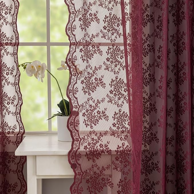 YJ YANJUN Vintage Lace Curtains 90 Inches Long-Victorian Floral Red Burgundy by YJYANJUN