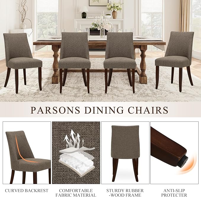 COLAMY Upholstered Dining Chairs Set of 2, Mid Century Modern Kitchen Chairs with Back, Farmhouse Fabric Side Dining Room Chairs with Wood Legs for Dining Room Restaurant, Brown