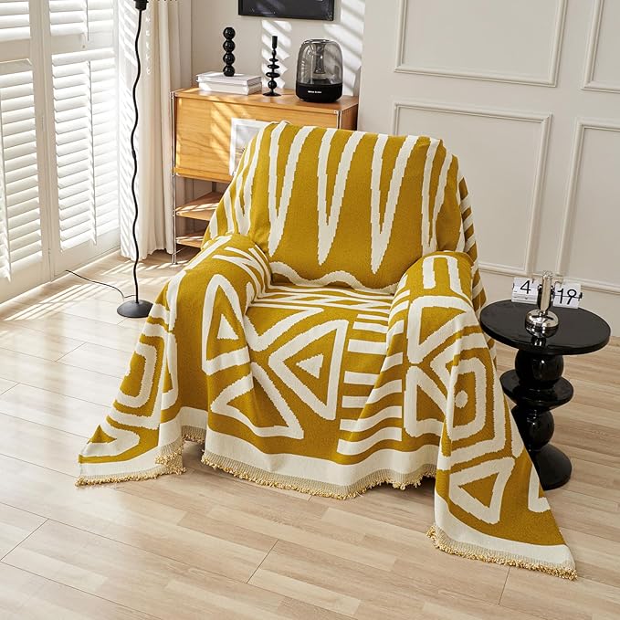 STACYPIK Boho Mustard Yellow Couch Cover Sofa Cover for Dogs Reversible Furniture Protector for 2 Cushion Couch Washable Sectional Sofa Covers Loveseat Cover Non Slip Pet Protector Cover-71X90IN