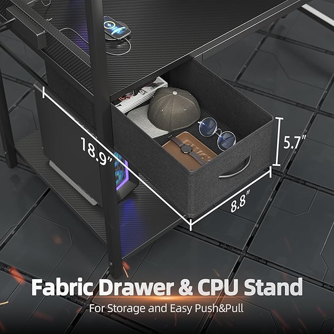 TIQLAB Gaming Desk 47 inch with Power Outlet and LED Light, Computer Desk with Reversible Shelves and Storage Drawer, Small PC Desk for Home Office Table with Bag, Carbon Fiber Black