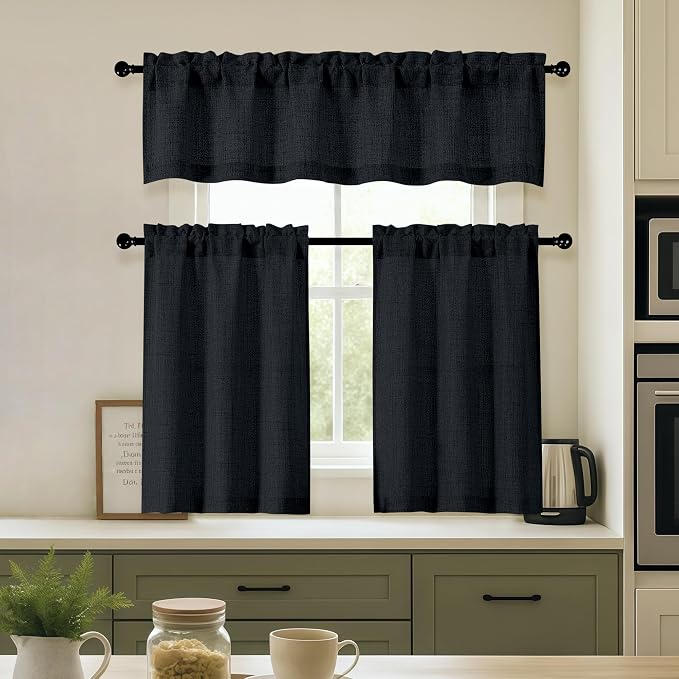 OVZME Black Valance for Windows, Light Filtering Faux Linen Textured Small Cafe - Image 2