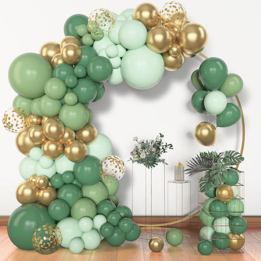 Amandir 153pcs Sage Green Balloon Garland Arch Kit, Different Sizes 18 12 10 5 inch Sage Green Gold Latex Metallic Confetti Gold Balloons for First Communion Safari Baby Shower Baptism Decorations