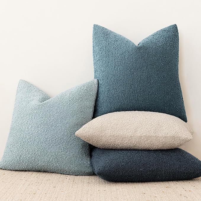Foindtower Pack of 2 Textured Boucle Throw Pillow Covers Accent Solid Decorative Lumbar Pillow Cases Cozy Couch Cushion Case for Chair Sofa Bedroom Living Room Home Decor 12x20 Inch Misty Blue