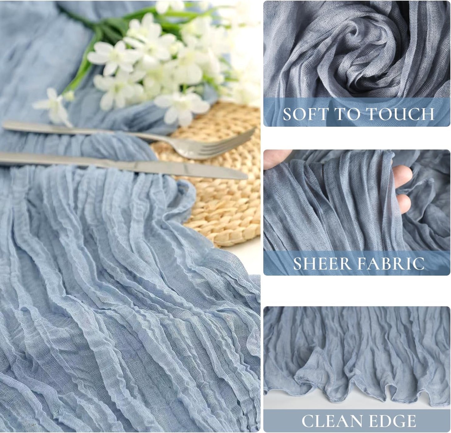 10 Pack Dusty Blue Cheesecloth Table Runner 35x120 Inch, Fall Thanksgiving 10FT Boho Gauze Cheese Cloth Table Runner Rustic Semi-Sheer Runner for Wedding Bridal Baby Shower Birthday Party Home Decor