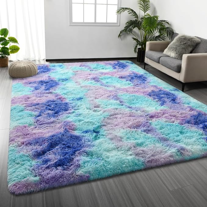 Large Shag Area Rugs 6 x 9, Tie-Dyed Plush Fuzzy Rugs by Deerhoo