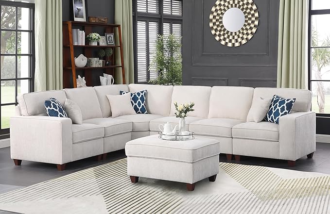 116" Convertible Sectional Couch with Movable Ottoman and 6 Throw Pillows,Chenille Upholstered Comfy Sofa 7 Seater,L-Shaped,Free Combination,Easy Assembly for Living Room,Apartment,Office,Beige