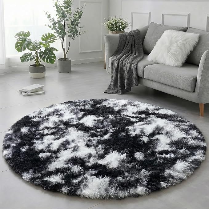 Amdrebio Black White Grey Round Rug 4Ft Circle Area Rugs by Amdrebio