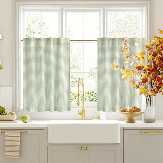 RYB HOME Gingham Cafe Curtains 24 inch Length, Linen Checkered Vintage by RYBHOME