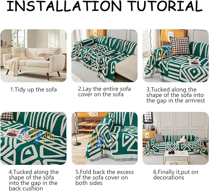 HANDONTIME Couch Cover Boho Sofa Covers Washable Forest Green Dog Covers for Couches Reversible Couch Blanket Cover Geometric L Shaped Couch Covers for 2 3 Couch Cushion Cover Dark Green, 71" X150"