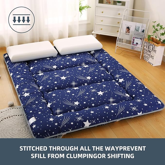 Bohemian Retro Japanese Floor Mattress, Vintage Floral Tatami Floor Mat, Portable Roll up Futon Mattress for Guest,Tavel (Starry,Full 80" X 47")
