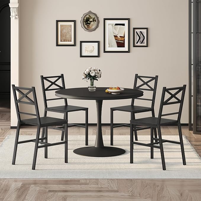 Dining Chair Set of 2, Rustic Wooden Kitchen Chairs with Backrest, Farmhouse Dining Chairs for Kitchen, Industrial Style Chair with Metal Frame, Easy Assembly, Black TBHB1001
