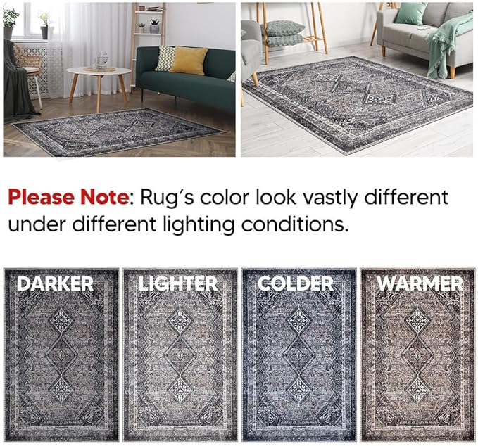 Keen Home Design 6x9 Rug - Machine Washable Area Rug with Non-Slip Backing, Ideal for Living Room, Dining Room, Bedroom - Vintage, Easy Clean, Durable, Low Pile Rug - (6' x 9')