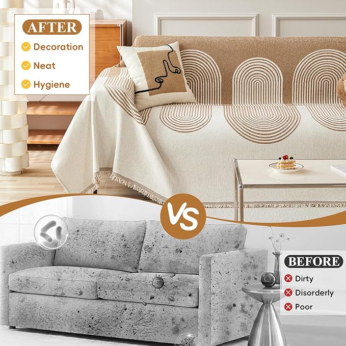 STACYPIK Modern Beige Geometric Couch Cover for Dog Boho Reversible Sofa Covers for 3 Cushion Couch Washable Furniture Protector Chenille Sofa Slipcover Loveseat Cover Multi-Use Throw Blanket-71X150IN