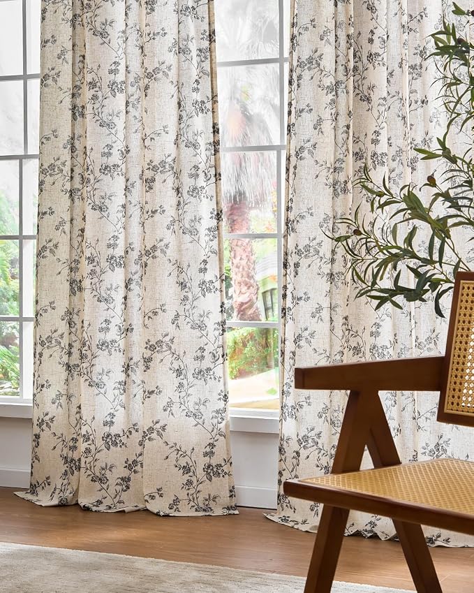 Lazzzy Black Floral Linen Curtains 84 Inch Farmhouse Back Tab Drapes - Image 7