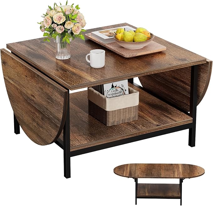 SAYGOER Folding Coffee Table for Living Room, Small Coffee Tables with 2-Tier Storage, Mid Century Modern Center Table for Small Space, Farmhouse Table Square, Dark Brown