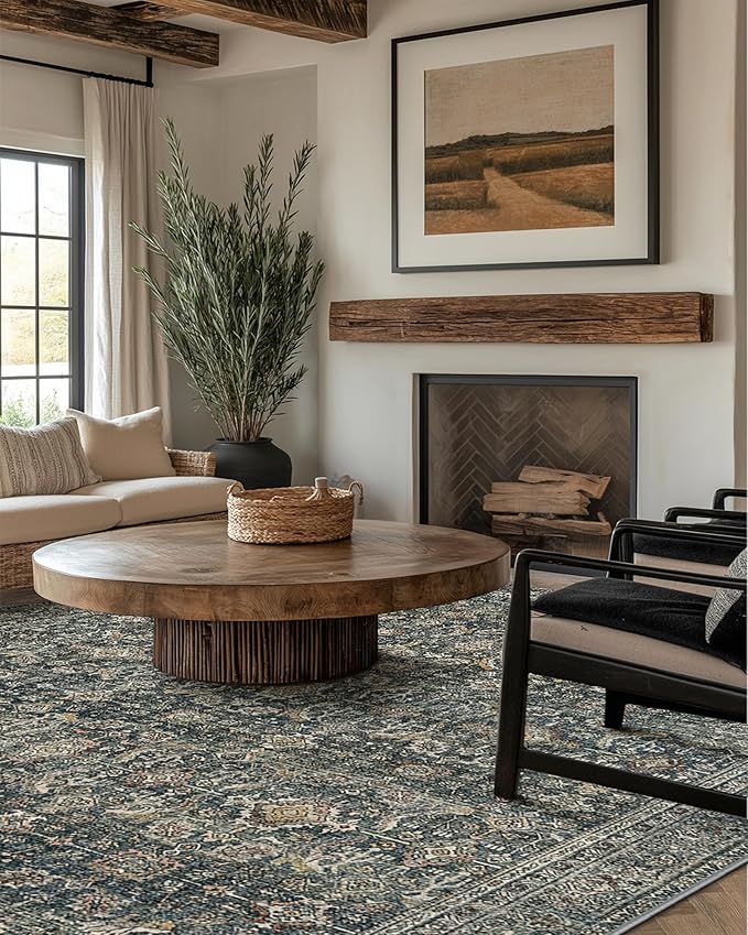 9X12 Area Rugs Machine Washable Rugs for Living Room, Vintage Boho Large Rugs for Bedroom Dining Room, Non Slip Indoor Soft Distressed Lightweight Thin Low Pile Carpet, Deep