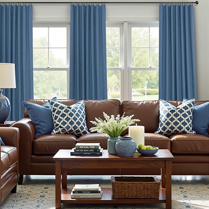 Denim Blue Blackout Drapes 96 Inches Long 2 Panel Burg Cute Linen Textured - Image 2