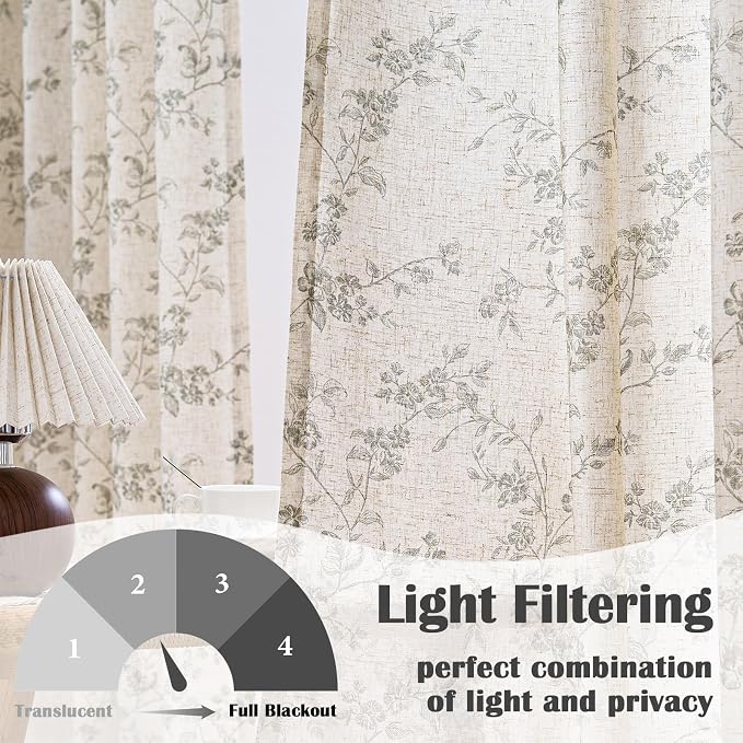 Lazzzy Farmhouse Linen Curtains Gray Floral Curtains 96 Inch Long Back Tab - Image 3