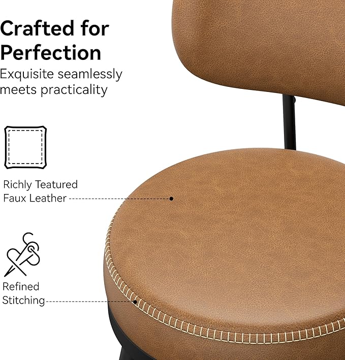 Counter Height Bar Stools, 26" H Swivel Barstools Set of 4, Faux Leather Kitchen Counter Stools with Back and Stylish Stitching, Metal Frame, Pub, Home Bar, Whisky Brown