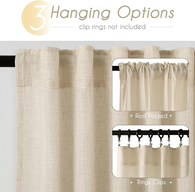 Greyish Beige Linen Curtain 120 inch Length 2 Panels Set Back Tab Light - Image 2