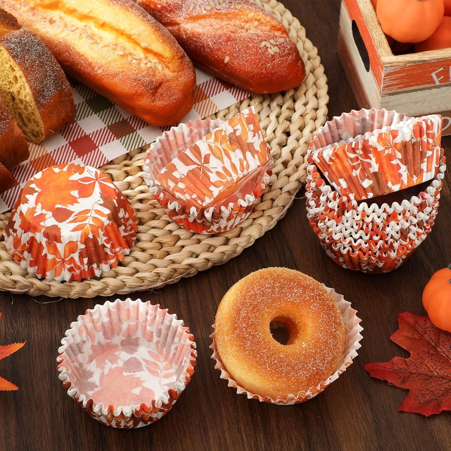 Whaline 300Pcs Fall Cupcake Liners Orange Maple Leaves Paper Baking Cups Thanksgiving Watercolor Leaves Paper Cake Muffin Liner Cupcake Wrappers for Autumn Harvest Party Supplies, 2x1.2 Inch
