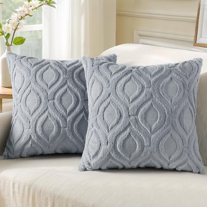 decorUhome Throw Pillow Covers 22x22 Inch Set of 2, Soft Plush Faux Wool Blue by decorUhome