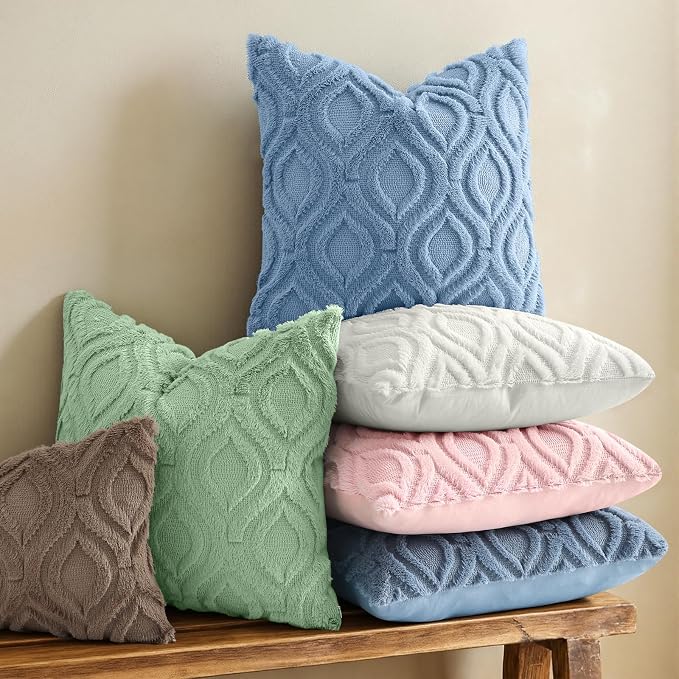 decorUhome Throw Pillow Covers 22x22 Inch Set of 2, Soft Plush Faux Wool Blue - Image 2