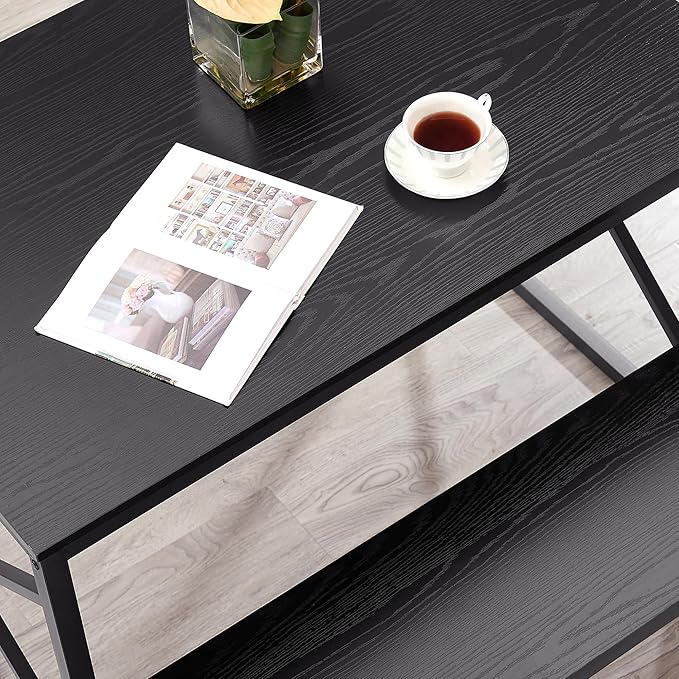 VECELO Kitchen Table with 2 Benches for 4, Wood Dining Room Dinette Sets with Metal Frame for Breakfast Nook and Small Space, Black