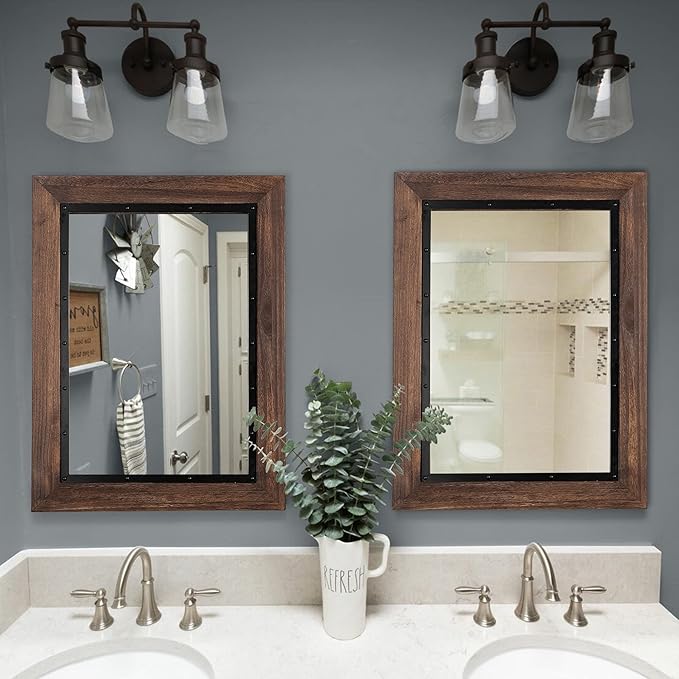 YOSHOOT Rustic Wooden Framed Wall Mirror, 30"x20", Natural Wood and Iron Bathroom Vanity Mirror for Farmhouse Decor, Vertical or Horizontal Hanging