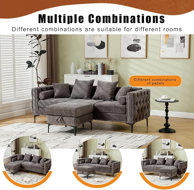 Ball & Cast 85" L Shaped Sectional Sofa with Storage Ottoman, Morden 3 Seater Tufted Couch with Nailhead Trim and Metal Legs for Living Room, Apartment, Office, Dark Gray