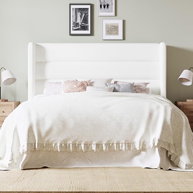 Allewie Full Size Platform Bed Frame with Velvet Upholstered Wingback Headboard, No Box Spring Needed, Under Bed Storage Space, Strong Wooden Slats, Modern Mattress Foundation, Easy Assembly, White