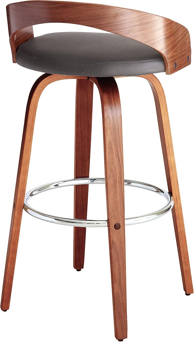Armen Living Sonia 30" Bar Height Swivel Gray Faux Leather and Walnut Wood Bar Stool - Set of 4