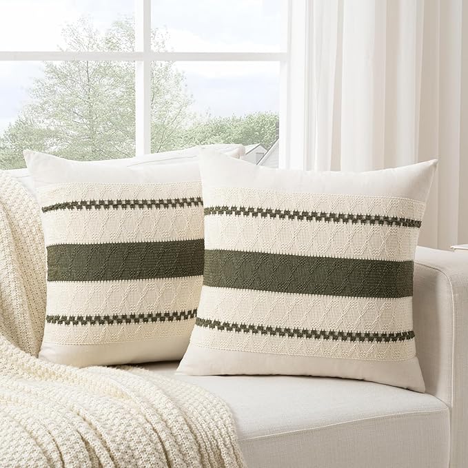 Fancy Homi Set of 1 Boho Olive Green Decorative Throw Pillow Cover 18x18 Inch - Image 2